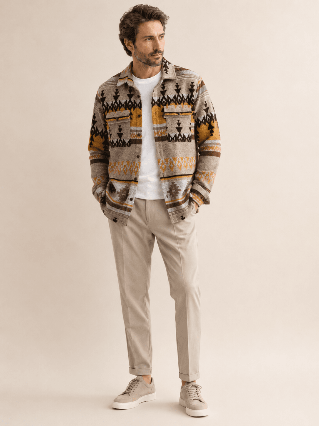 Generated try-on preview wearing the patterned jacket